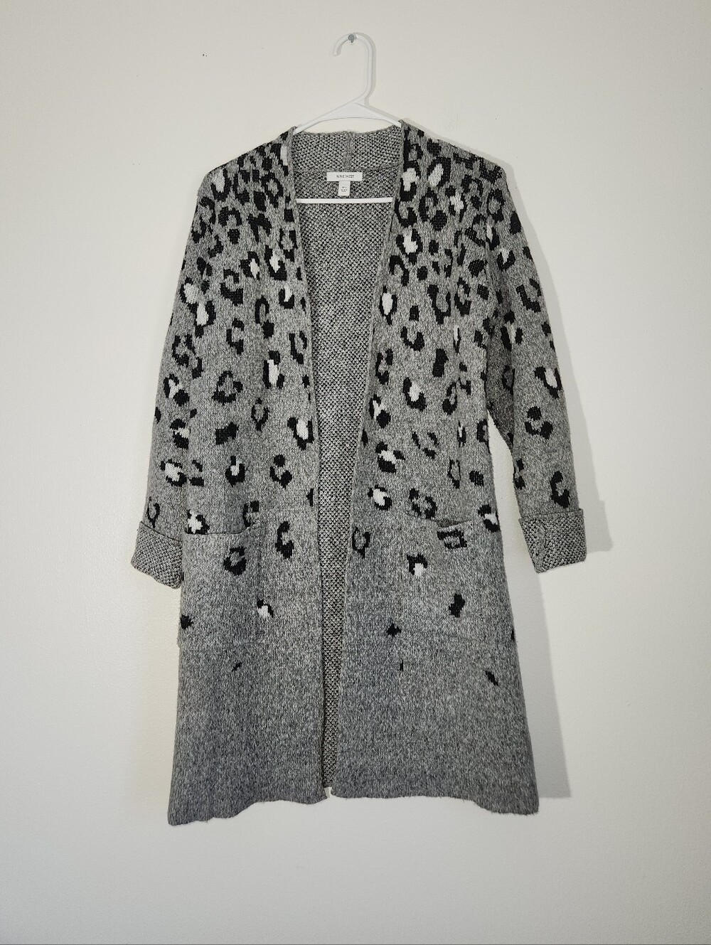 Women's Nine West Open-Front Gray Leopard Print Long Cardigan Sweater